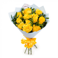 Bouquet of 11 yellow roses with greenery